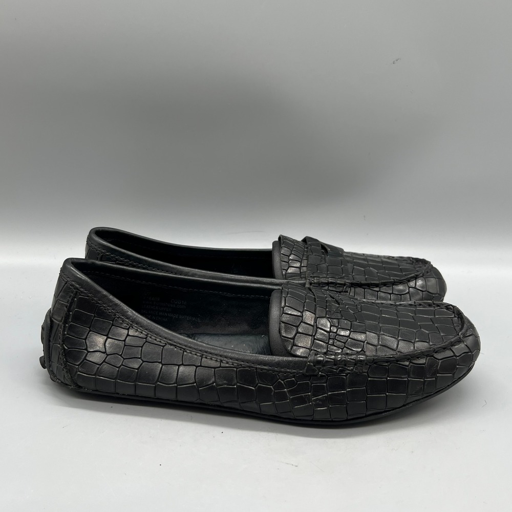 Born Loafers Womens 7.5 Black Croc Embossed Leather Driving Moccasins Penny Flat